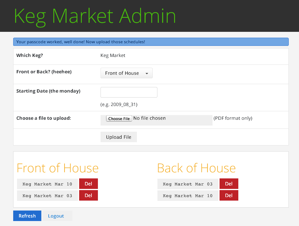 the Keg Schedules Administration Page
