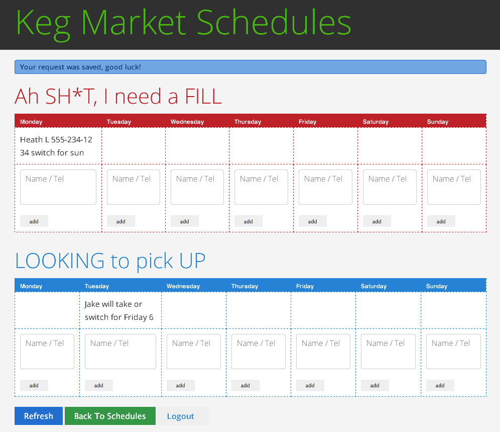 the Keg Schedules Staff Pick Up/Drop Page