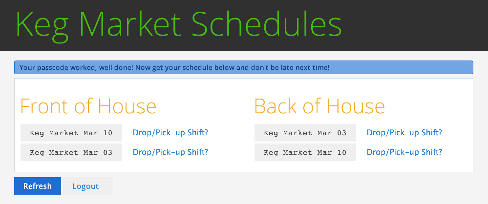 the Keg Schedules Staff Page